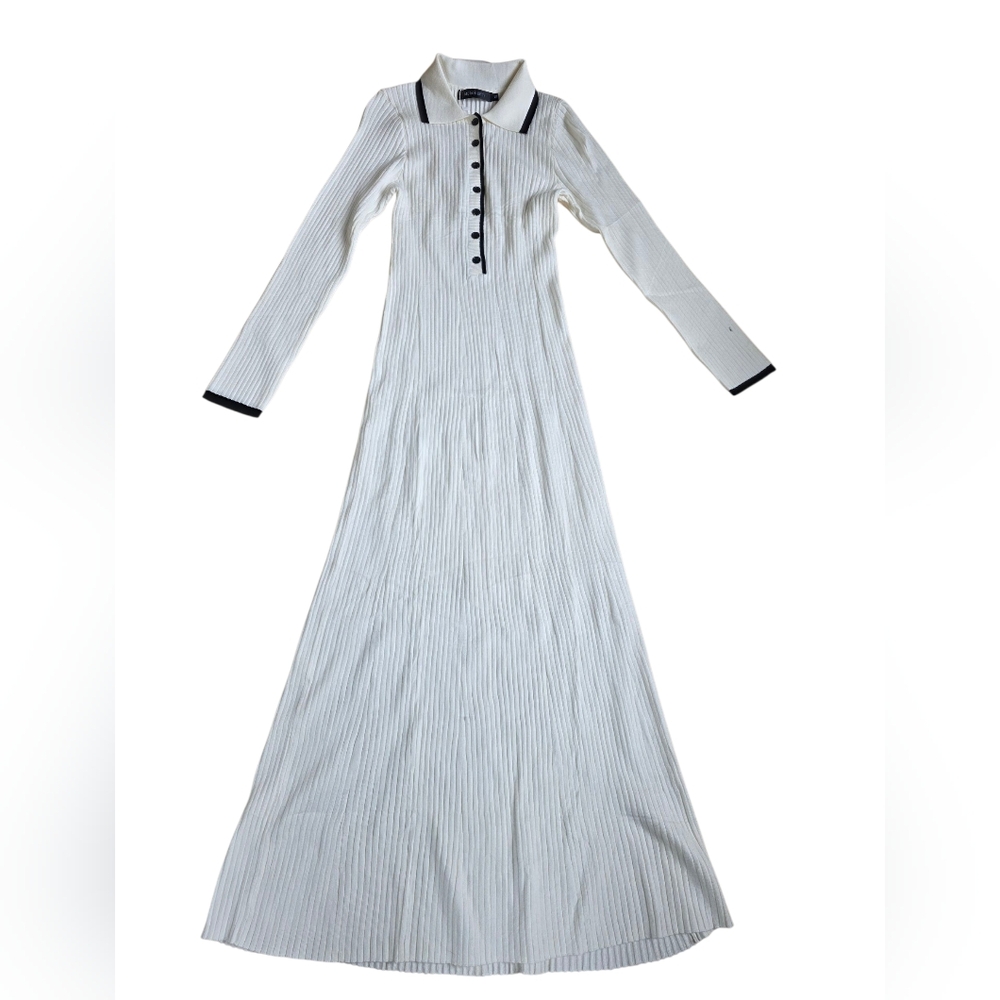 NWT MEROKEETY Cream Ribbed Maxi 3/4 Button Sweater Dress Black Trim Size M